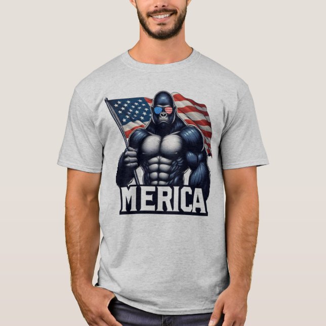 MERICA – Patriotic Gorilla Holding American Flag F T Shirt (Framsida)