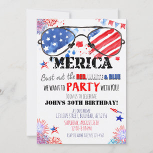 "Merica Patriotic Red White och Blue Birthday Inbjudningar