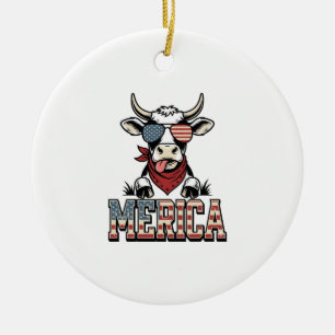 Merica Patriotisk Ko Vintage Gravyr Grafik_1 Julgransprydnad Keramik