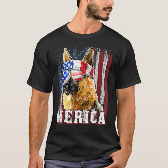 Merica Schäferhund 4 juli amerikansk flagga T Shirt (Framsida)
