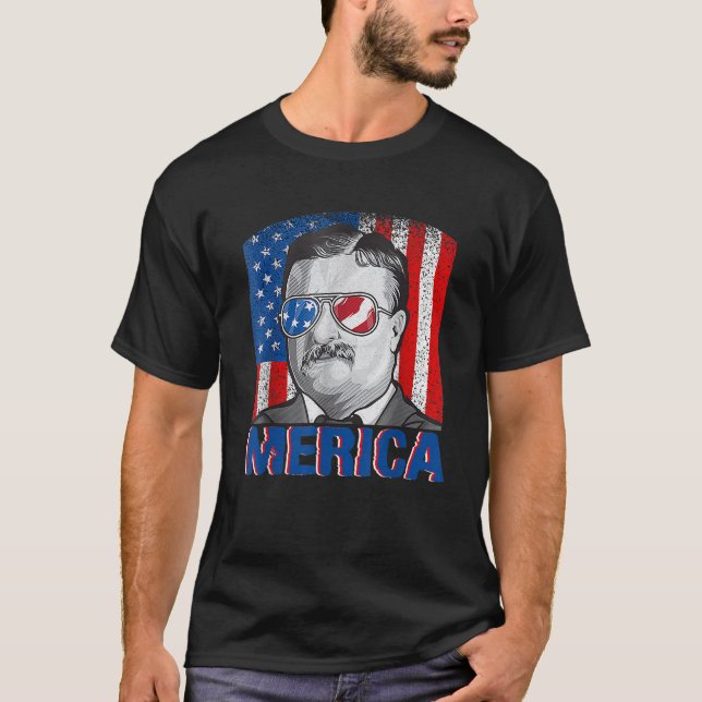 Merica Teddy Roosevelt juli 4:e Amerikanska Flagga T Shirt (Framsida)