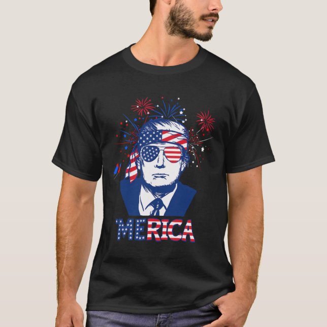 Merica Trump Lycklig 4:e juli Trump American Flagg T Shirt (Framsida)