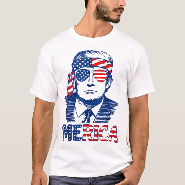 MERICA TRUMP Lycklig 4:e juli Trump American Flagg T Shirt (Framsida)