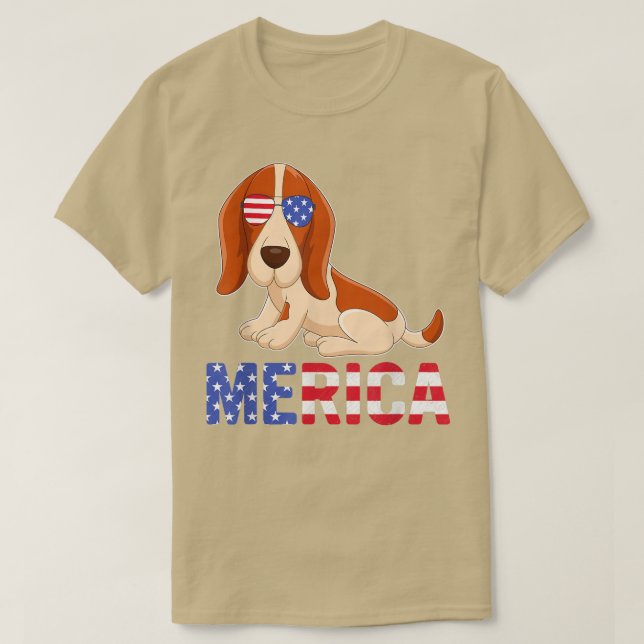 Merica USA flagga Basset Hound Hund Sunglass 4:e T Shirt (Design framsida)