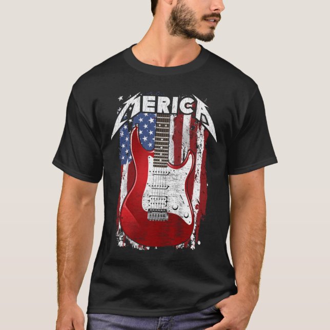 Merica USA Guitar Player American Flagga Guitarist T Shirt (Framsida)