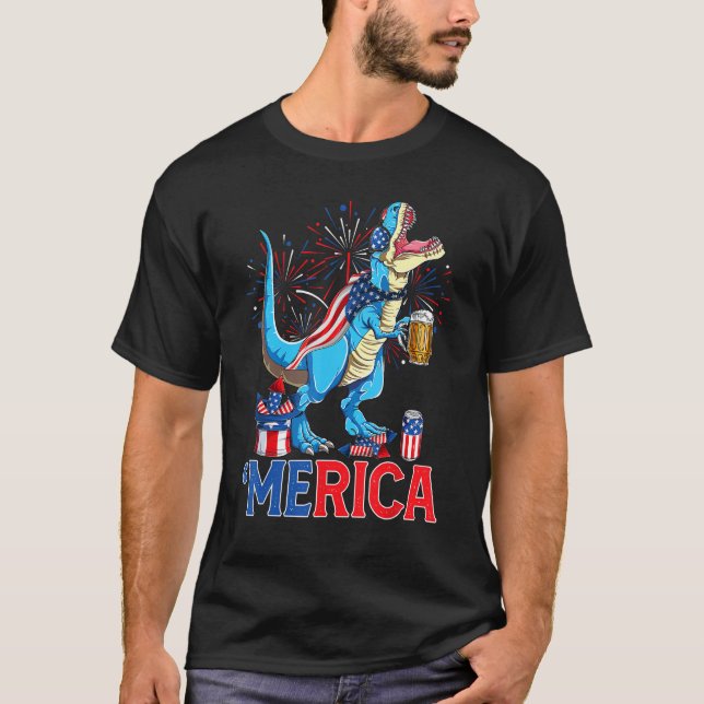 Merican Rex & Beer Glass USA Flag Indepedence Day T Shirt (Framsida)