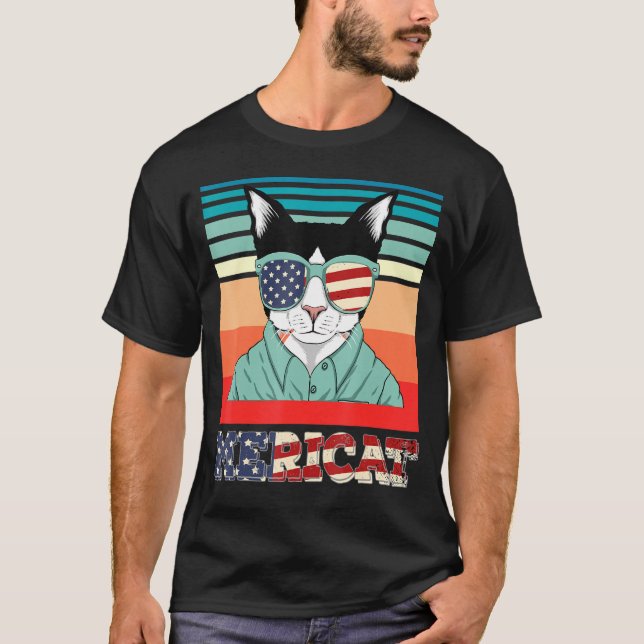 Mericat juli 4:e Independence day Cat Us Flagga T Shirt (Framsida)