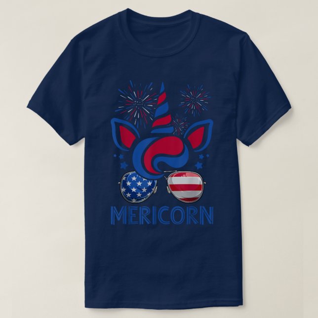 Mericorn Unicorn Ansikte & American Flagga Sunglas T Shirt (Design framsida)