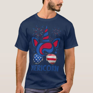 Mericorn Unicorn Ansikte & American Flagga Sunglas T Shirt