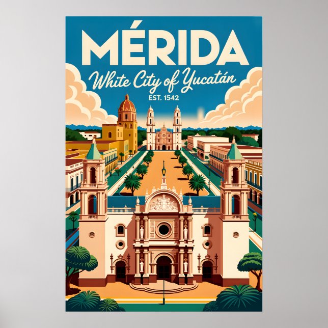 Mérida Mexiko Retro Resemålning Poster Konst (Framsidan)