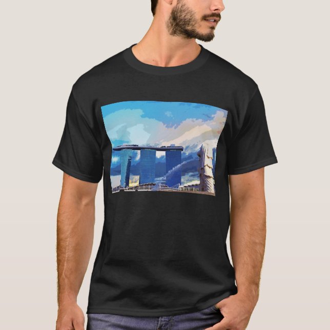 Merlion Marina Bay Architecture Singapore T Shirt (Framsida)