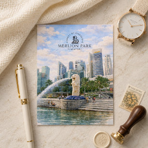 Merlion Park Singapore Landmärke i akvarell Vykort