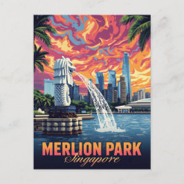 Merlion Park Singapore Skyline Sunset Vykort