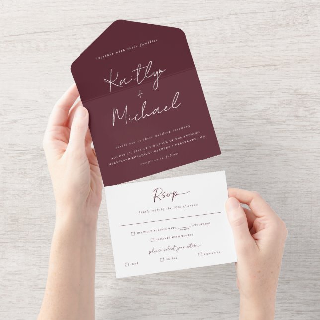 Merlot Burgundy Bröllop Modern med avrivbar RSVP (Avrivbar del)