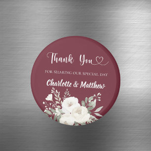 Merlot burgundy vita blommor tack bröllop magnet