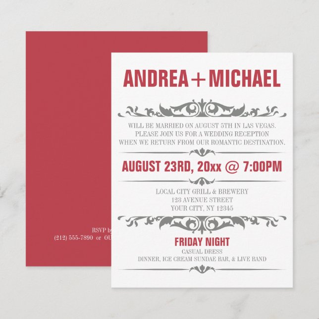 Merlot & Gray bröllopsmottagning ENDAST inbjudning Inbjudningar (Fram/baksida)