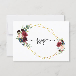 Merlot Marinblå Blommig Guld Ram Bröllop RSVP OSA Kort