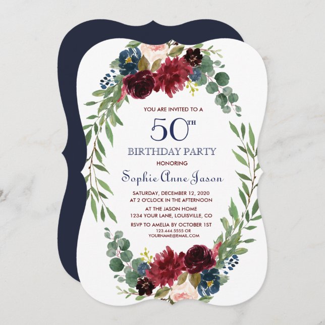 Merlot Navy Blue Blommigt Bloom 50:e födelsedagen Inbjudningar (Fram/baksida)