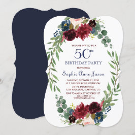 Merlot Navy Blue Blommigt Bloom 50:e födelsedagen Inbjudningar