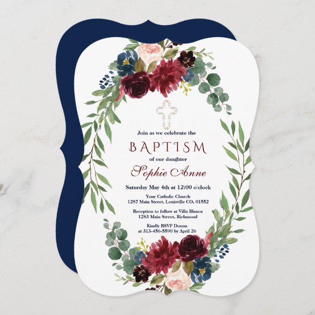 Merlot Navy Blue Blommigt Bloom Baptism Inbjudan (Fram/baksida)
