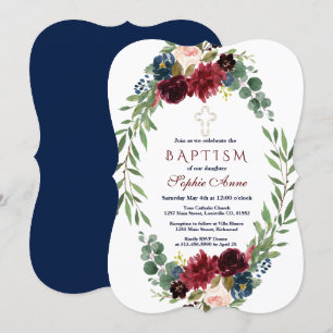 Merlot Navy Blue Blommigt Bloom Baptism Inbjudan