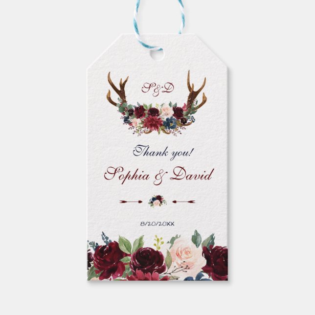 Merlot Navy Blue Blommigt Bloom Bröllop Presentetikett (Framsidan)