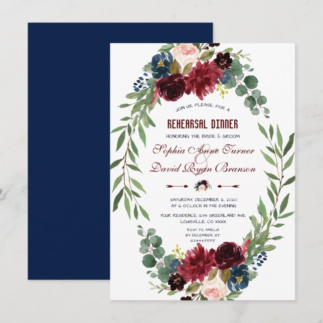 Merlot Navy Blue Blommigt Bloom Rehearsal Dinner Inbjudningar (Fram/baksida)