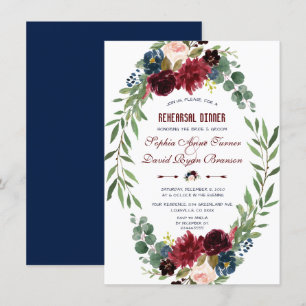 Merlot Navy Blue Blommigt Bloom Rehearsal Dinner Inbjudningar