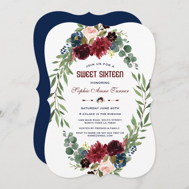 Merlot Navy Blue Blommigt Bloom Sweet 16 Inbjudningar (Fram/baksida)