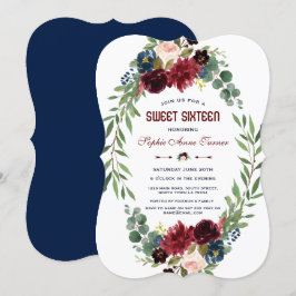 Merlot Navy Blue Blommigt Bloom Sweet 16 Inbjudningar