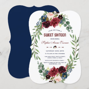 Merlot Navy Blue Blommigt Bloom Sweet 16 Inbjudningar