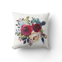 Merlot & Navy Watercolor Blommigt Dekorativ kudde