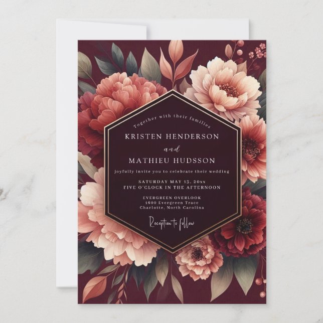 Merlot Poetic Bloom Wedding Inbjudningar (Framsida)