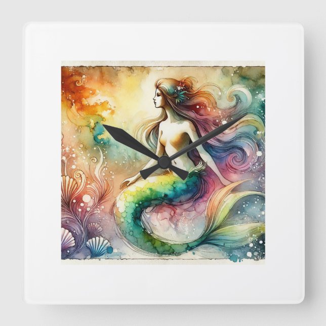 Mermaid 190624AREF102 - Watercolor Fyrkantig Klocka (Framsida)