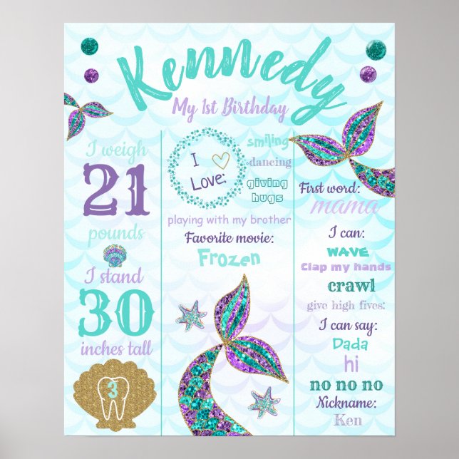 Mermaid 1st birthday Poster, Milestone Sign Poster (Framsidan)