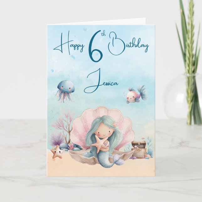 Mermaid 6th Birthday Folded Greeting Card Kort (Framsida)