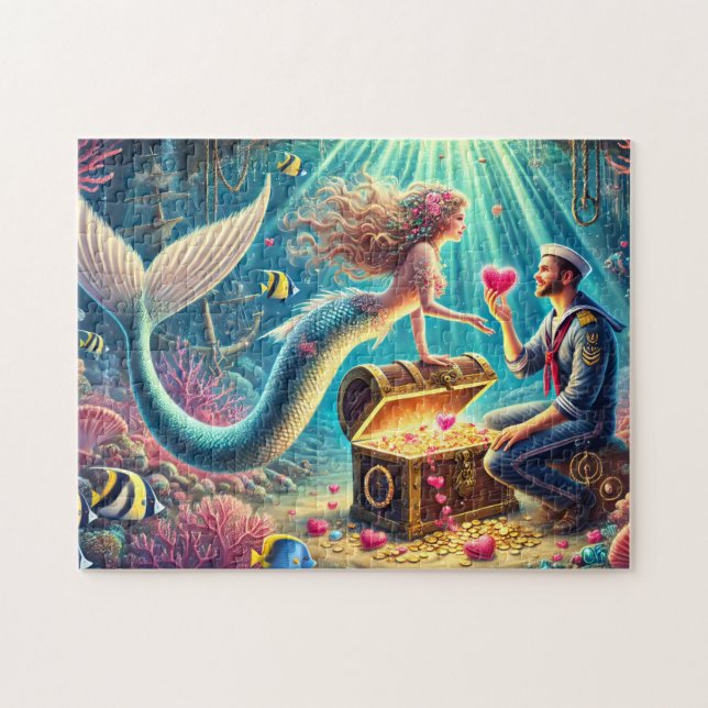 Mermaid and Sailor Romantic Underwater Treasure Pussel (Horisontell)