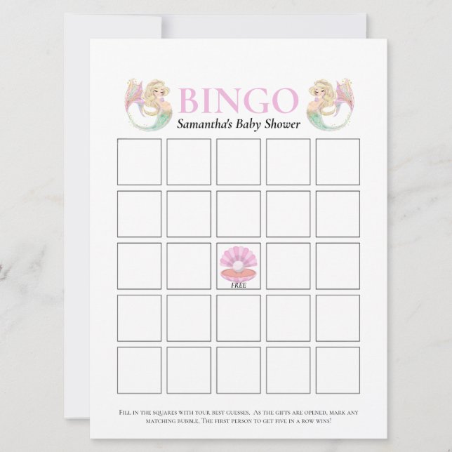 Mermaid Baby Shower Pink Vit Bingo Game Mor  Inbjudningar (Framsida)