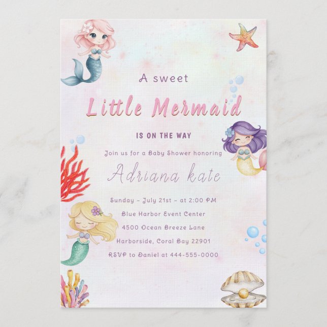 Mermaid Baby Shower Under the Sea Baby Girl Invita Inbjudningar (Framsida)