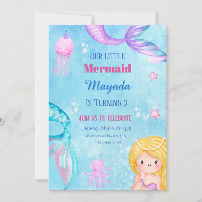 Mermaid Birthday Invitation Editable Template Inbjudningar (Framsida)