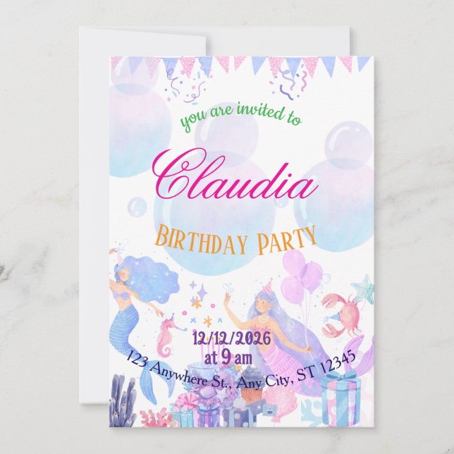 Mermaid Birthday Invitation for Kids Tack Kort (Framsida)