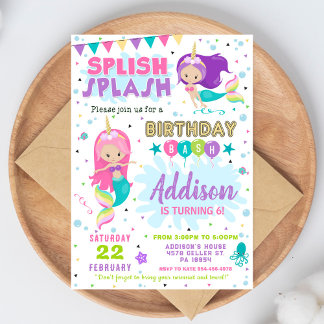 Mermaid Birthday Invitation Splish Splash Invite Inbjudningar