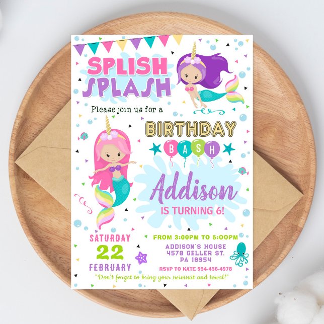 Mermaid Birthday Invitation Splish Splash Invite Inbjudningar (Skapare uppladdad)