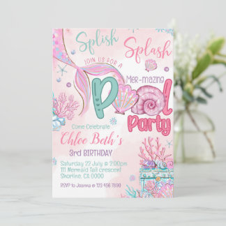 Mermaid Birthday Pool Party Invitation Inbjudningar