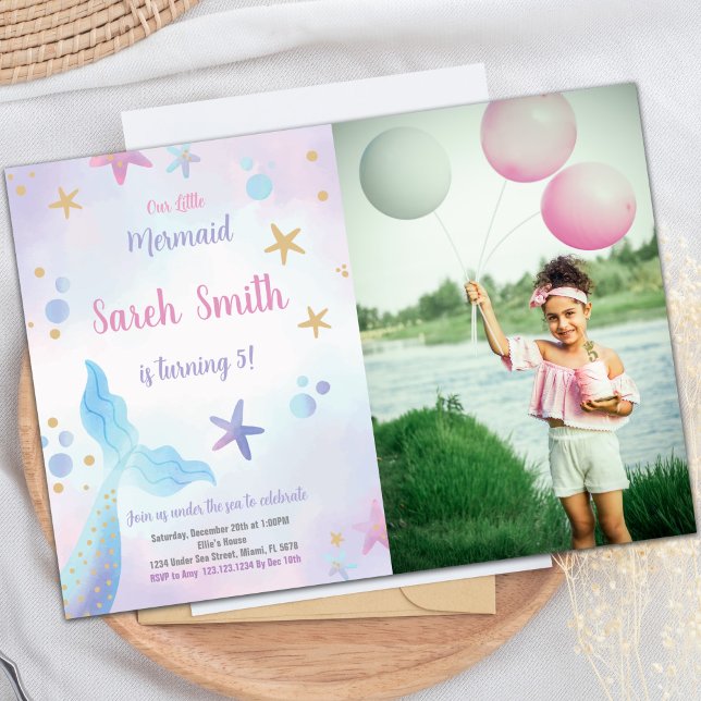 Mermaid Blue Tail Under havet Födelsedag Inbjudningar (Mermaid Blue tail under the sea Invitations photo)