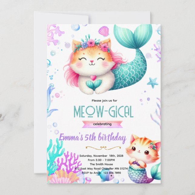 Mermaid cat party theme invitation inbjudningar (Framsida)
