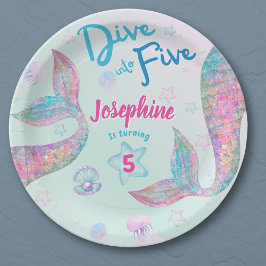 Mermaid dive into five birthday watercolor round