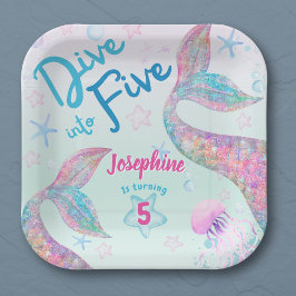 Mermaid dive into five birthday watercolor square