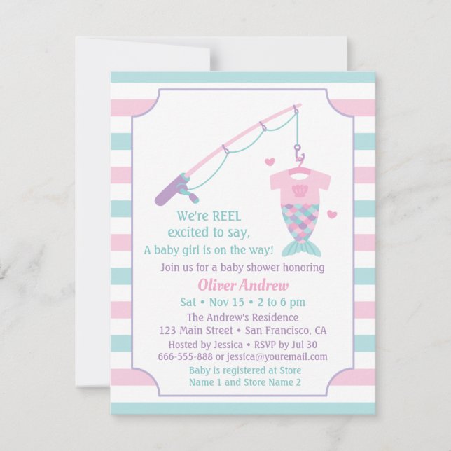 Mermaid Fishing Themed Baby Shower Invitations Inbjudningar (Framsida)