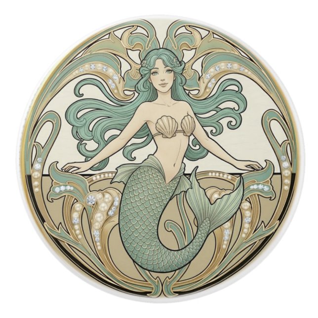 Mermaid Green Cream & Gold Art Nouveau Ocean Sea Knopp (Framsidan)